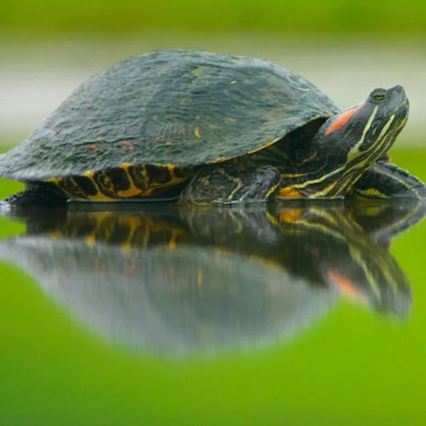 Red eared slider (Trachemys scripta elegans) basking in pond with algae on its back